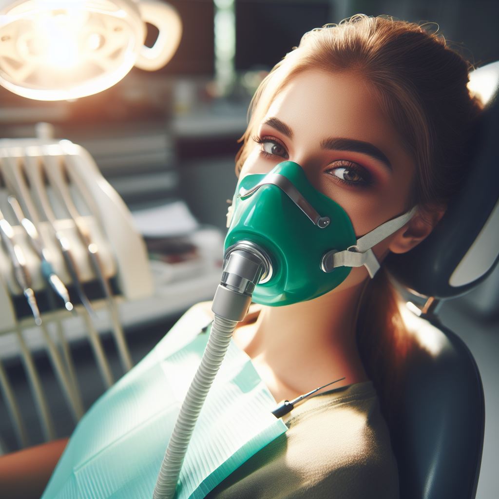 Female patient in a dental clinic with a nitrous oxide mask on.
